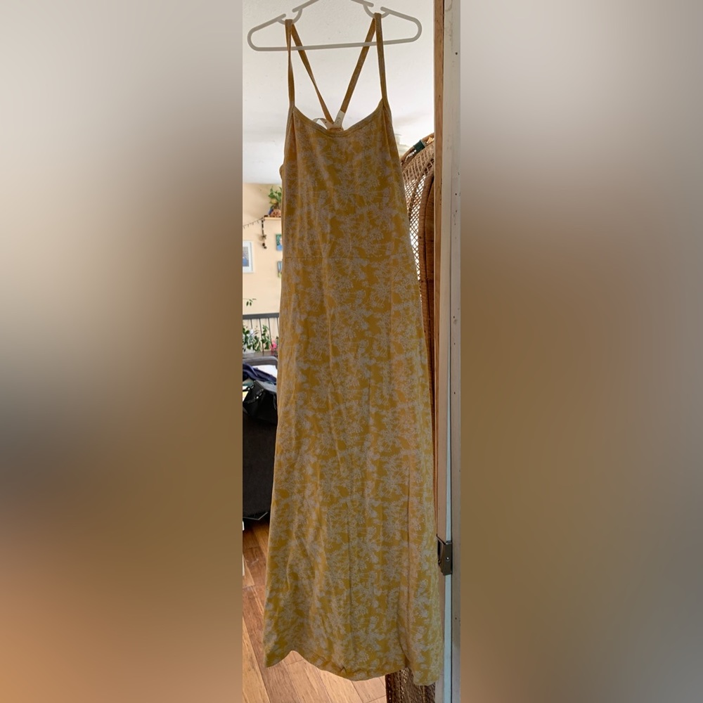 Pact brand organic cotton midi dress with pockets. Yellow floral.
